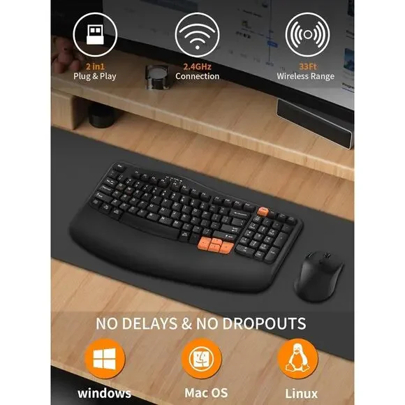 RECCAZR Ergonomic Wireless Keyboard with Wrist Rest, Wave Keys for Comfortable N - Picture 2 of 7